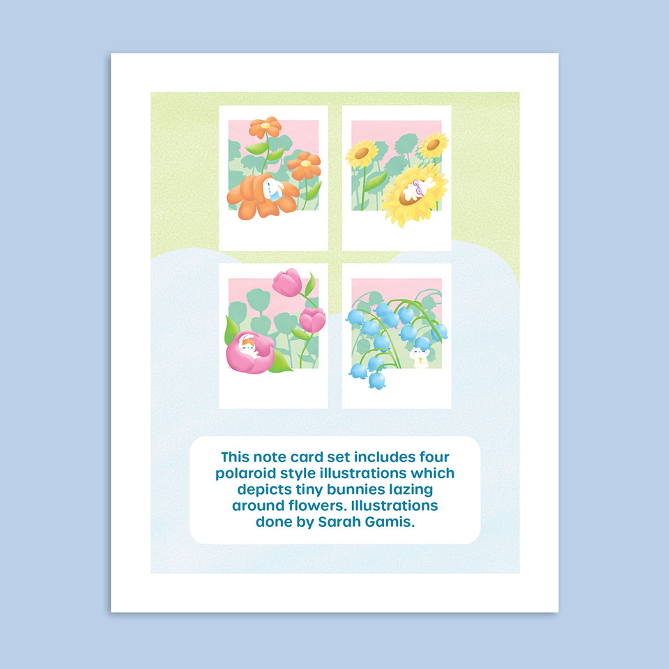 Image of 4 bunny greeting cards with a note from the illustrator.