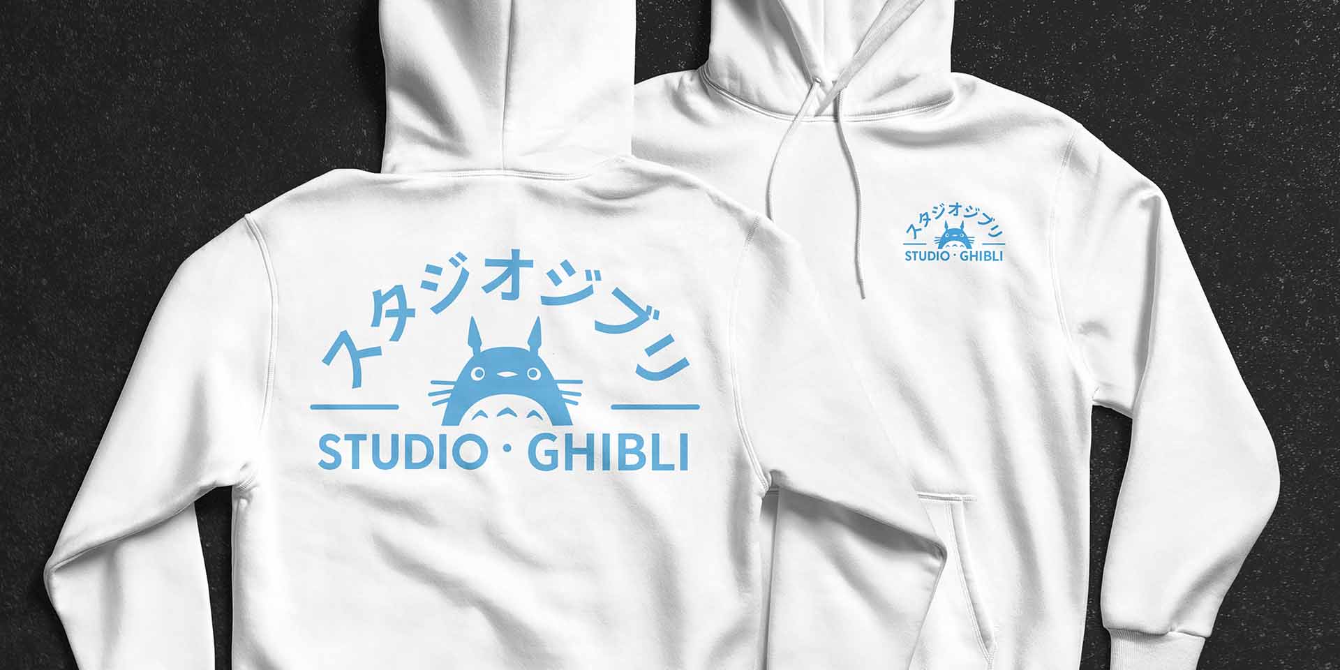 Image of two hoodies with a re-designed Studio Ghibli logo screen printed on it.